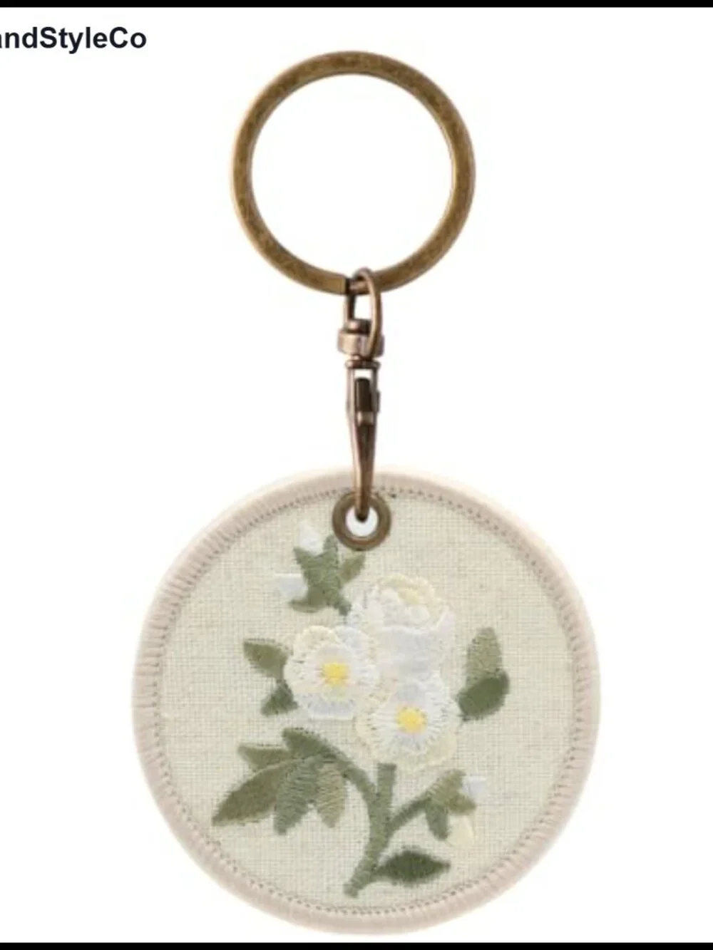 Embroidered Floral Keychain Round Linen Bag Charm